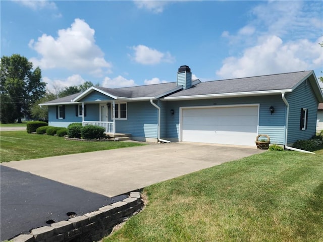 803 S Lafayette St, Newton, IL 62448 - ranch-style house with an attached garage, a porch, a chimney, driveway, and a front yard
