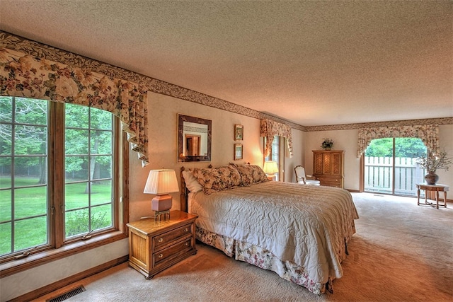 bedroom with multiple windows, carpet floors, and a textured ceiling