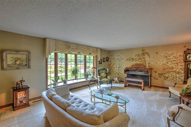 carpeted living room with a textured ceiling