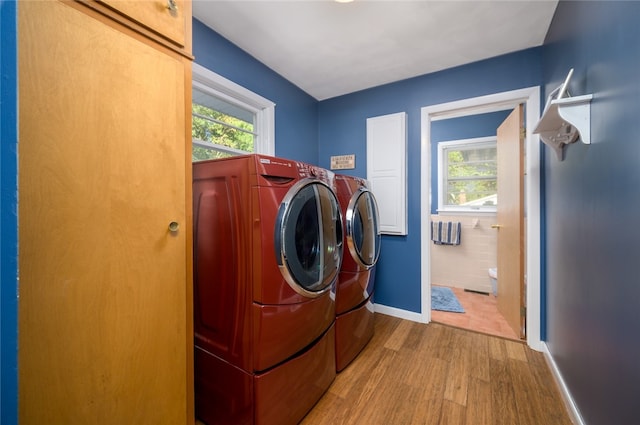 clothes washing area featuring plenty of natural light, washing machine and clothes dryer, and light hardwood / wood-style flooring