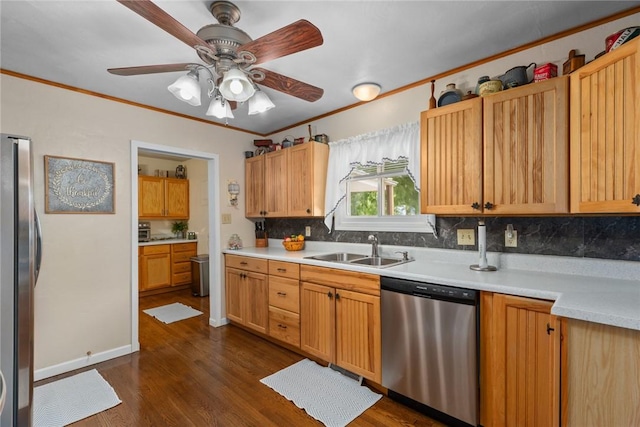 101 Willow Dr, Farina, IL 62838 - kitchen with stainless steel appliances, backsplash, light countertops, dark wood-style floors, and a ceiling fan