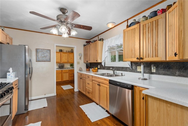 101 Willow Dr, Farina, IL 62838 - kitchen with stainless steel appliances, backsplash, crown molding, and light countertops