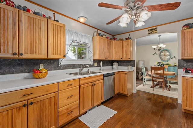 101 Willow Dr, Farina, IL 62838 - kitchen with dishwasher, ornamental molding, backsplash, a ceiling fan, and light countertops