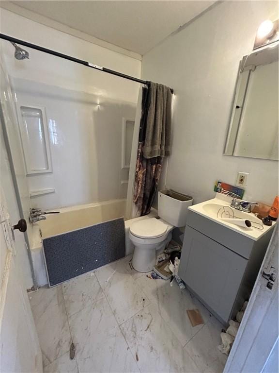 full bathroom with vanity, toilet, and shower / bath combination with curtain