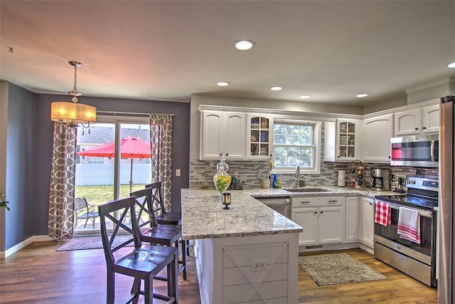 737 Phillip Cir, Forsyth, IL 62535 - kitchen with appliances with stainless steel finishes, a peninsula, white cabinetry, glass insert cabinets, and recessed lighting