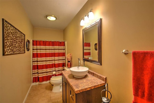 bathroom with tile patterned floors, vanity, toilet, and a shower with shower curtain