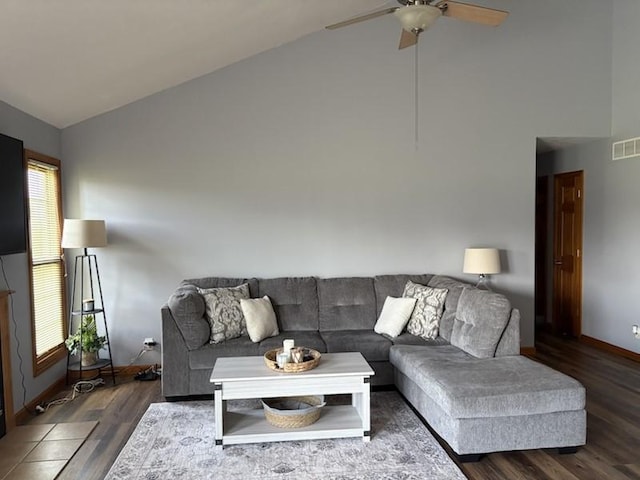 34A Woolery Dr, Neoga, IL 62447 - living area with wood finished floors, ceiling fan, high vaulted ceiling, and healthy amount of natural light