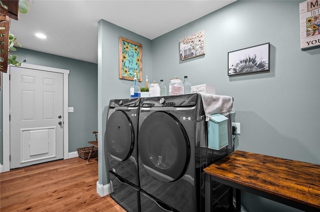 25760 E 1750th Rd, Marshall, IL 62441 - laundry room featuring independent washer and dryer, wood finished floors, and recessed lighting