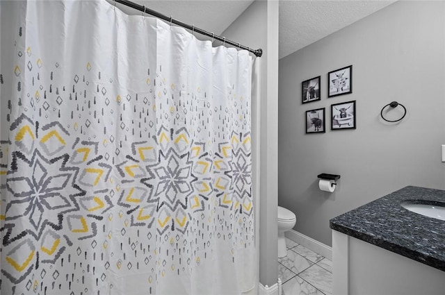 25760 E 1750th Rd, Marshall, IL 62441 - full bath with marble look tiles, vanity, a shower with shower curtain, and a textured ceiling