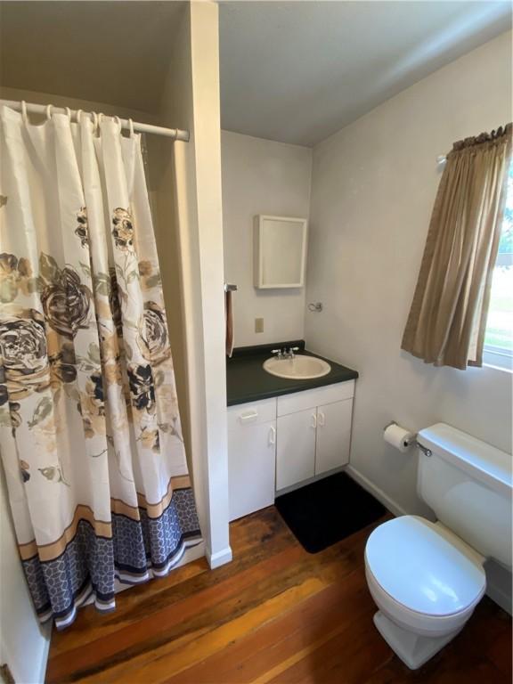 102 10th St, Charleston, IL 61920 - full bath with wood finished floors, vanity, and a shower with curtain