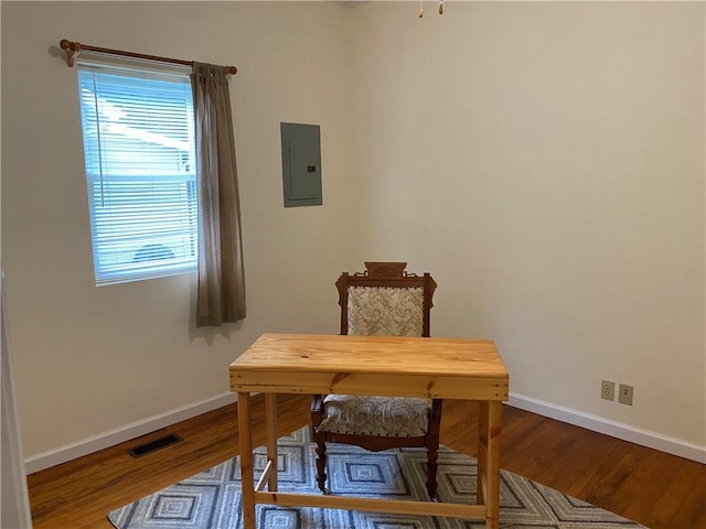 102 10th St, Charleston, IL 61920 - office area featuring electric panel and wood finished floors