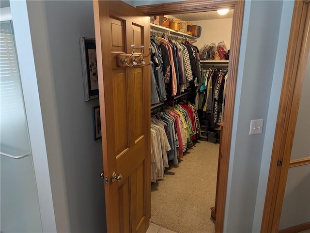 walk in closet featuring light carpet