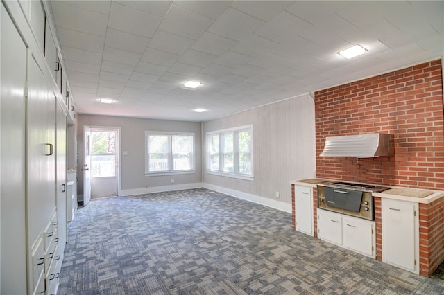 unfurnished living room with a wealth of natural light and dark colored carpet