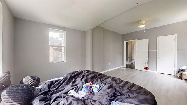 437 Powers Ln, Decatur, IL 62522 - bedroom featuring wood finished floors and a ceiling fan