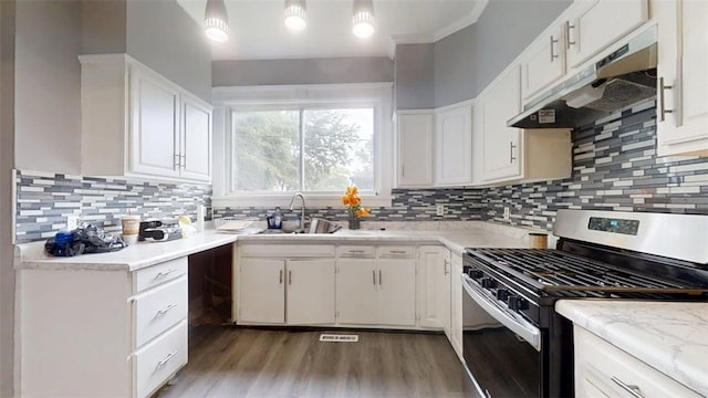437 Powers Ln, Decatur, IL 62522 - kitchen with gas range, under cabinet range hood, light wood-type flooring, light countertops, and white cabinets