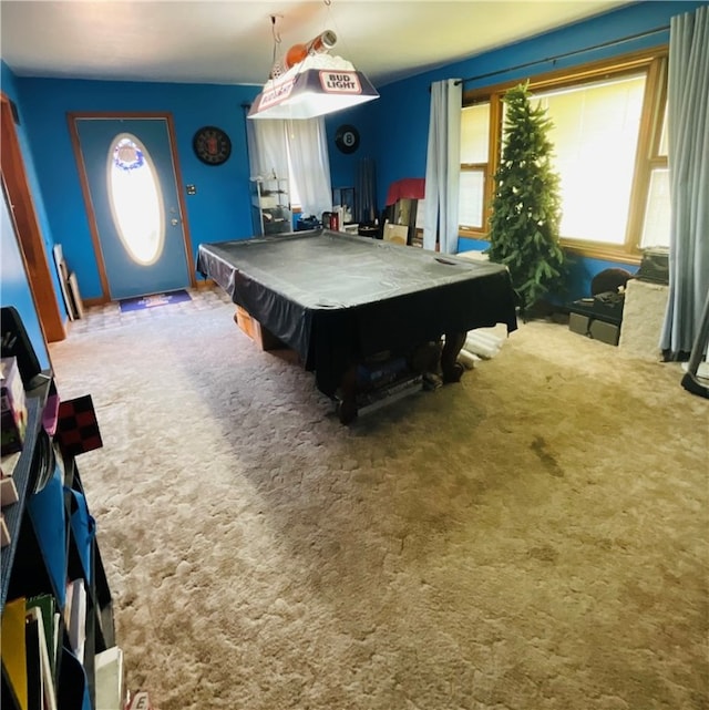 recreation room with carpet floors and billiards