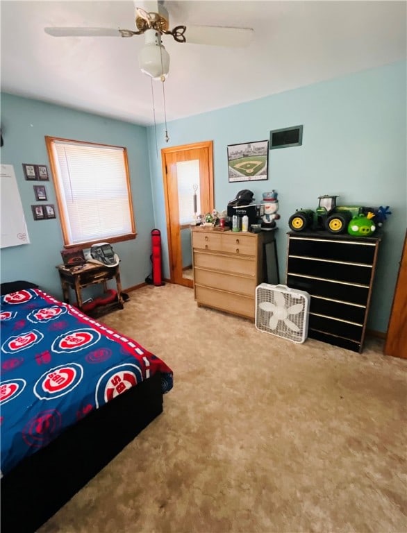 bedroom featuring carpet flooring and ceiling fan