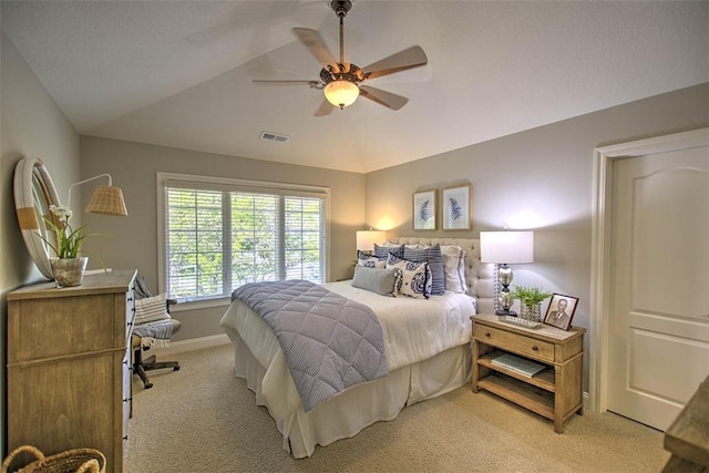 4140 S Lake Ct, Decatur, IL 62521 - bedroom featuring light colored carpet, a ceiling fan, visible vents, and lofted ceiling