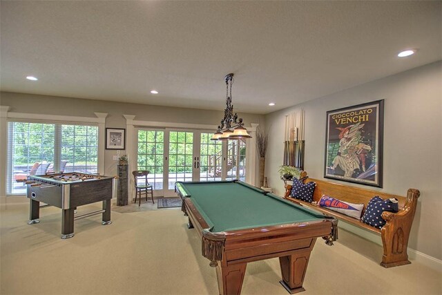 4140 S Lake Ct, Decatur, IL 62521 - playroom featuring billiards, light carpet, baseboards, and recessed lighting
