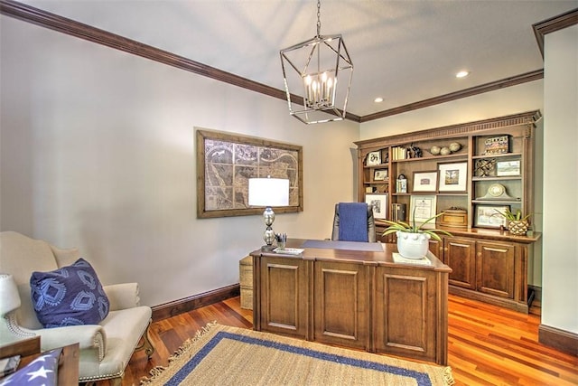 4140 S Lake Ct, Decatur, IL 62521 - office with light wood-type flooring, recessed lighting, crown molding, an inviting chandelier, and baseboards