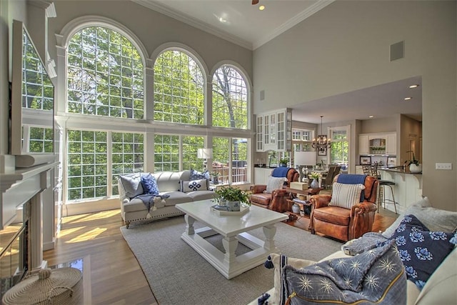 4140 S Lake Ct, Decatur, IL 62521 - living area with plenty of natural light, a chandelier, a high ceiling, and wood finished floors