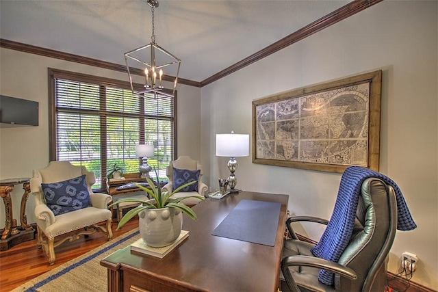 4140 S Lake Ct, Decatur, IL 62521 - office area with ornamental molding, a notable chandelier, and wood finished floors