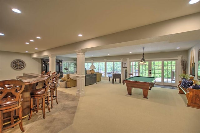 4140 S Lake Ct, Decatur, IL 62521 - rec room with a dry bar, recessed lighting, plenty of natural light, ornate columns, and billiards