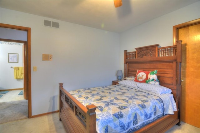 bedroom with visible vents, ceiling fan, light carpet, and baseboards