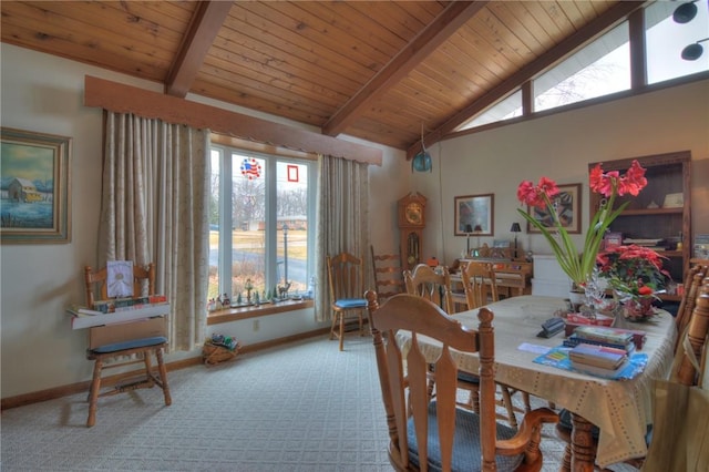 carpeted dining area featuring lofted ceiling with beams, wood ceiling, and baseboards