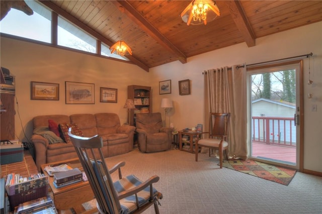 living area with wood ceiling, an inviting chandelier, carpet, and beamed ceiling