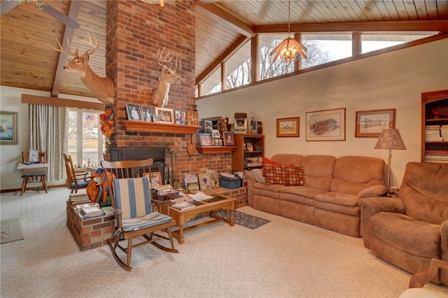 living room featuring high vaulted ceiling, carpet flooring, wood ceiling, a brick fireplace, and beam ceiling