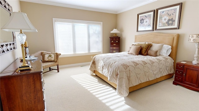 bedroom featuring light carpet and crown molding