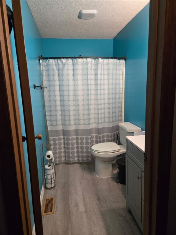208 Roosevelt St, Paris, IL 61944 - bathroom featuring toilet, a textured ceiling, wood finished floors, vanity, and curtained shower