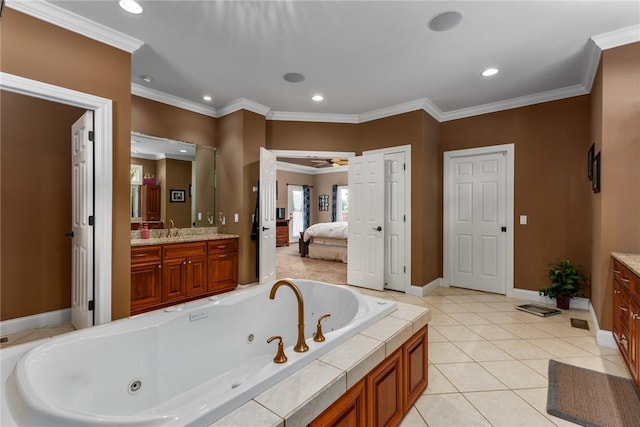 11107 E Cambridge Ln, Effingham, IL 62401 - ensuite bathroom featuring vanity, a whirlpool tub, ornamental molding, recessed lighting, and ceiling fan