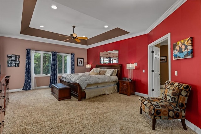 11107 E Cambridge Ln, Effingham, IL 62401 - carpeted bedroom with crown molding, a raised ceiling, a ceiling fan, and recessed lighting