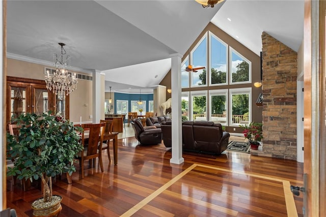 11107 E Cambridge Ln, Effingham, IL 62401 - living room with a chandelier, wood finished floors, and lofted ceiling