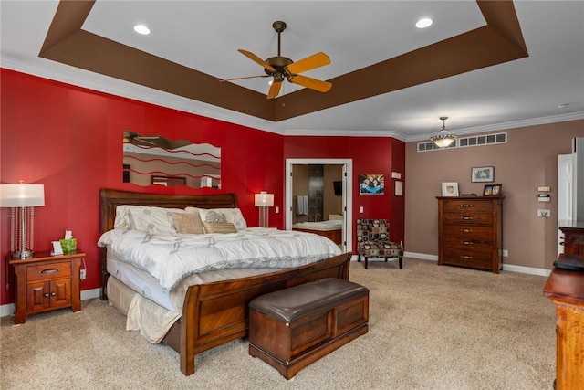 11107 E Cambridge Ln, Effingham, IL 62401 - carpeted bedroom with a raised ceiling, ornamental molding, recessed lighting, and ceiling fan