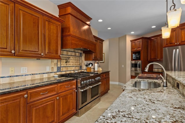 11107 E Cambridge Ln, Effingham, IL 62401 - kitchen featuring stainless steel appliances, tasteful backsplash, light stone countertops, custom exhaust hood, and light tile patterned floors