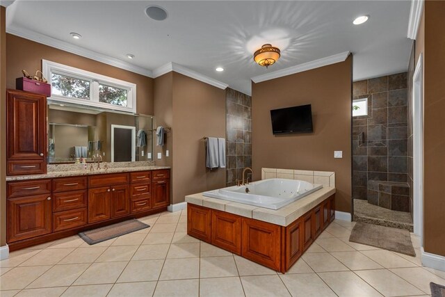 11107 E Cambridge Ln, Effingham, IL 62401 - bathroom with vanity, a jetted tub, crown molding, walk in shower, and tile patterned flooring