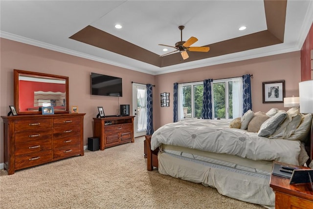 11107 E Cambridge Ln, Effingham, IL 62401 - bedroom featuring a tray ceiling, ornamental molding, light colored carpet, access to outside, and a ceiling fan
