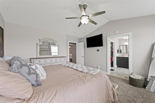 1121 Meadow Brook Ct, Mattoon, IL 61938 - bedroom featuring lofted ceiling, carpet floors, connected bathroom, a chandelier, and a ceiling fan