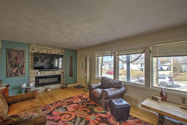 living room featuring a fireplace, wood finished floors, and baseboards