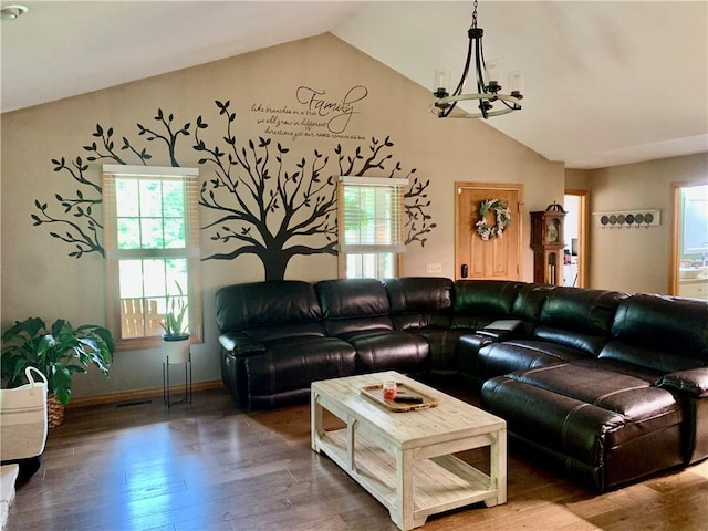 15690 E 1100th Ave, Effingham, IL 62401 - living area featuring a chandelier, lofted ceiling, and hardwood / wood-style flooring