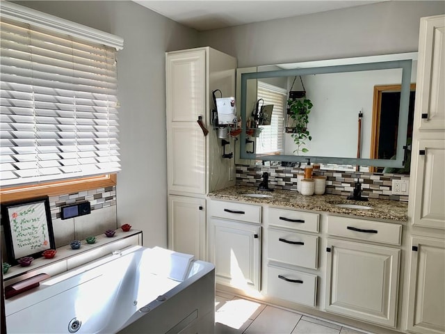 15690 E 1100th Ave, Effingham, IL 62401 - full bath featuring decorative backsplash, double vanity, and tile patterned floors