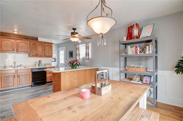 530 Sunset Dr, Mt Zion, IL 62549 - kitchen with dishwasher, a sink, light countertops, light wood-style floors, and a wainscoted wall