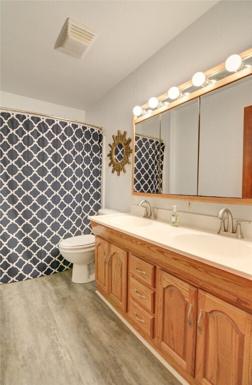 530 Sunset Dr, Mt Zion, IL 62549 - full bathroom featuring double vanity, toilet, and wood finished floors