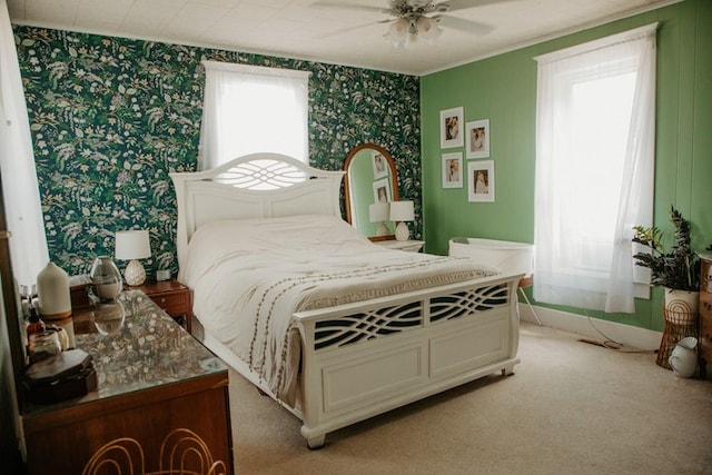 403 Maple St, Marshall, IL 62441 - bedroom with wallpapered walls, light carpet, ceiling fan, and ornamental molding