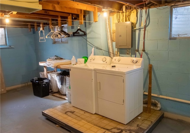 laundry area with electric panel and washing machine and clothes dryer