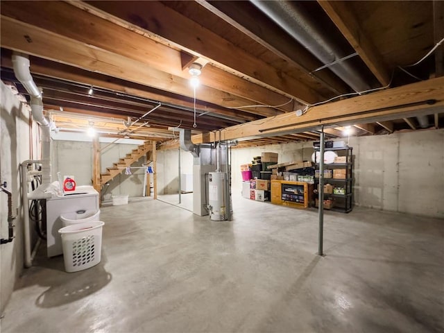 106 N Jefferson St, Greenup, IL 62428 - unfinished below grade area featuring water heater, independent washer and dryer, and stairway