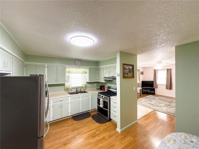 106 N Jefferson St, Greenup, IL 62428 - kitchen featuring appliances with stainless steel finishes, under cabinet range hood, a sink, light countertops, and light wood finished floors